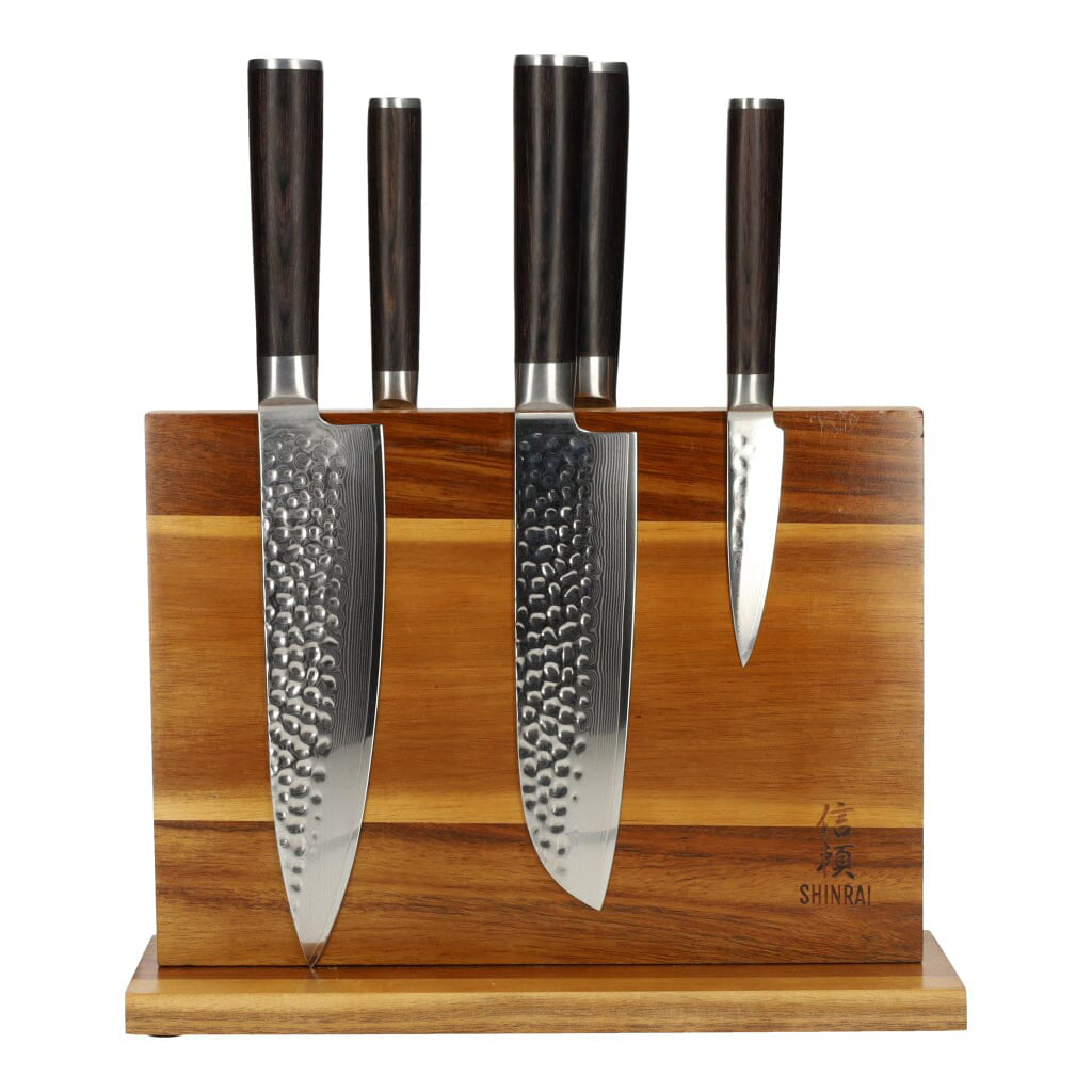 Shinrai Japan - Ensemble de couteaux 5 pièces Hammered Damask BR + bloc de couteaux magnétique