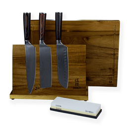 Shinrai Japan - Ensemble de couteaux 3 pièces imprimé damassé + pierre à aiguiser + bloc à couteaux magnétique + planche à découper Damast Print 3-delige Messenset - Combideal XXXL Messenset met blok, snijplank en slijpsteen Shinrai Knives