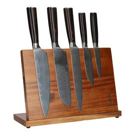 Set de couteaux imprimé Damas 5 pièces + Support Acacia Simple face Bezig met laden...