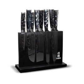 Shinrai Japan - Ensemble de couteaux 9 pièces en époxy onyx imprimé damas + bloc de couteaux magnétique double face - Noir Bezig met laden...