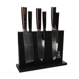 Shinrai Japan - Ensemble de couteaux 6 pièces en acier inoxydable martelé + bloc de couteaux magnétique double face - Noir Bezig met laden...