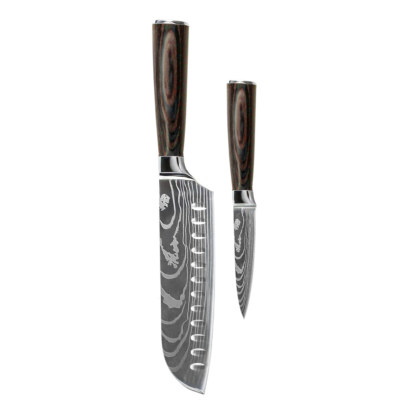 Shinrai Knives - Damascus Print 2-delige Messenset - Santoku + Schilmes Messenset Shinrai Knives