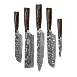 Série d'impressions japonaises Damas - Ensemble de 5 pièces Shinrai Knives - Damascus Print 5-delige Messenset Messenset Shinrai Knives