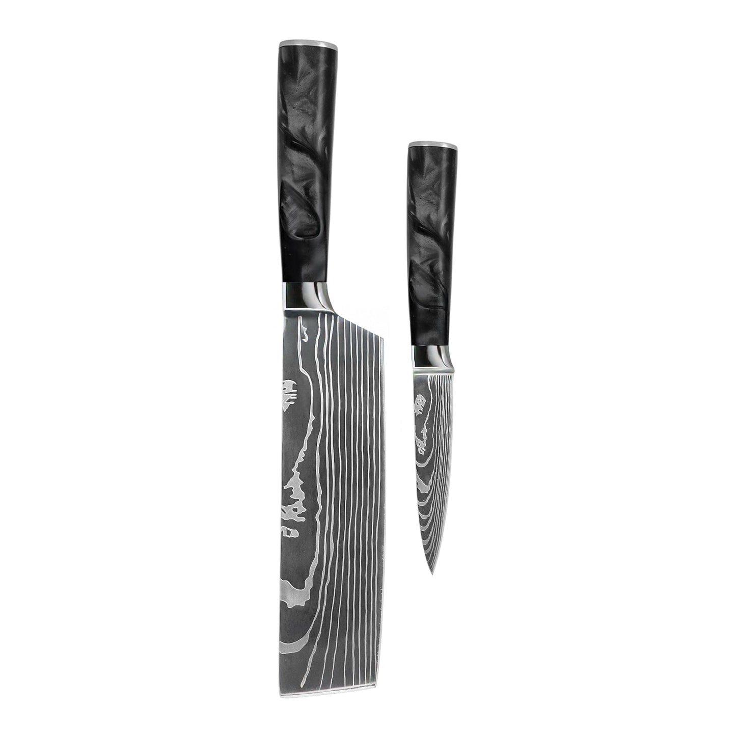 Shinrai Knives - Damascus Print Epoxy Onyx 2-delige Messenset - Nakiri + Schilmes Messenset Shinrai Knives