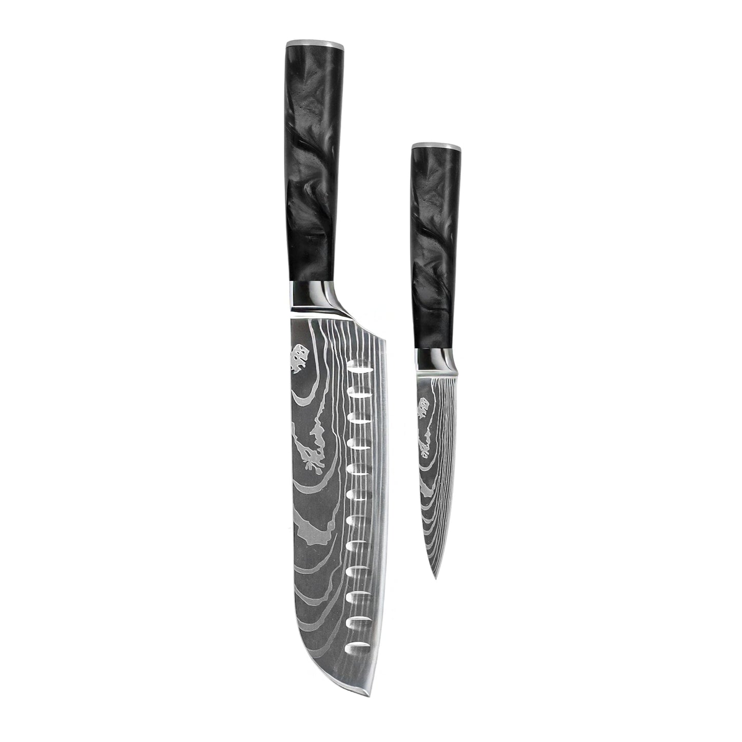 Shinrai Knives - Damascus Print Epoxy Onyx 2-delige Messenset - Santoku + Schilmes Messenset Shinrai Knives