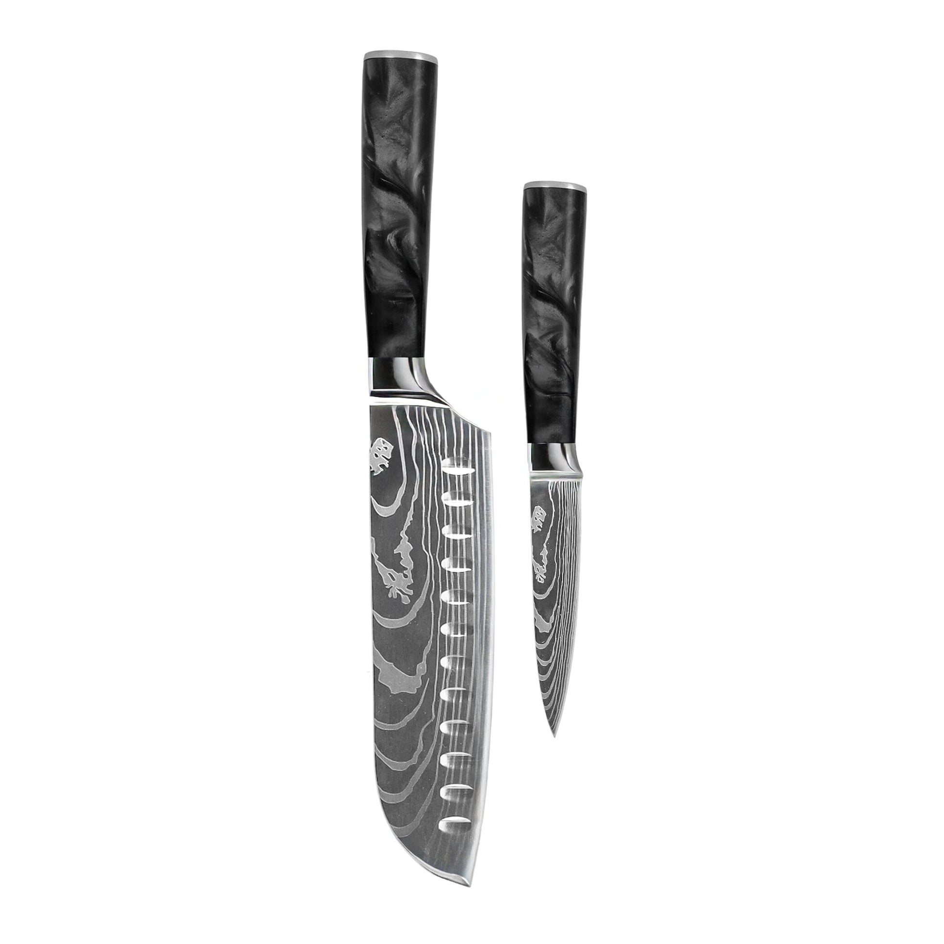 Shinrai Knives - Damascus Print Epoxy Onyx 2-delige Messenset - Santoku + Schilmes Messenset Shinrai Knives