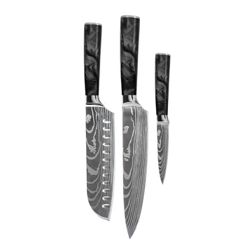 Shinrai Knives - Damascus Print Epoxy Onyx 3-delige Messenset - Koksmes + Santoku + Schilmes Messenset Shinrai Knives