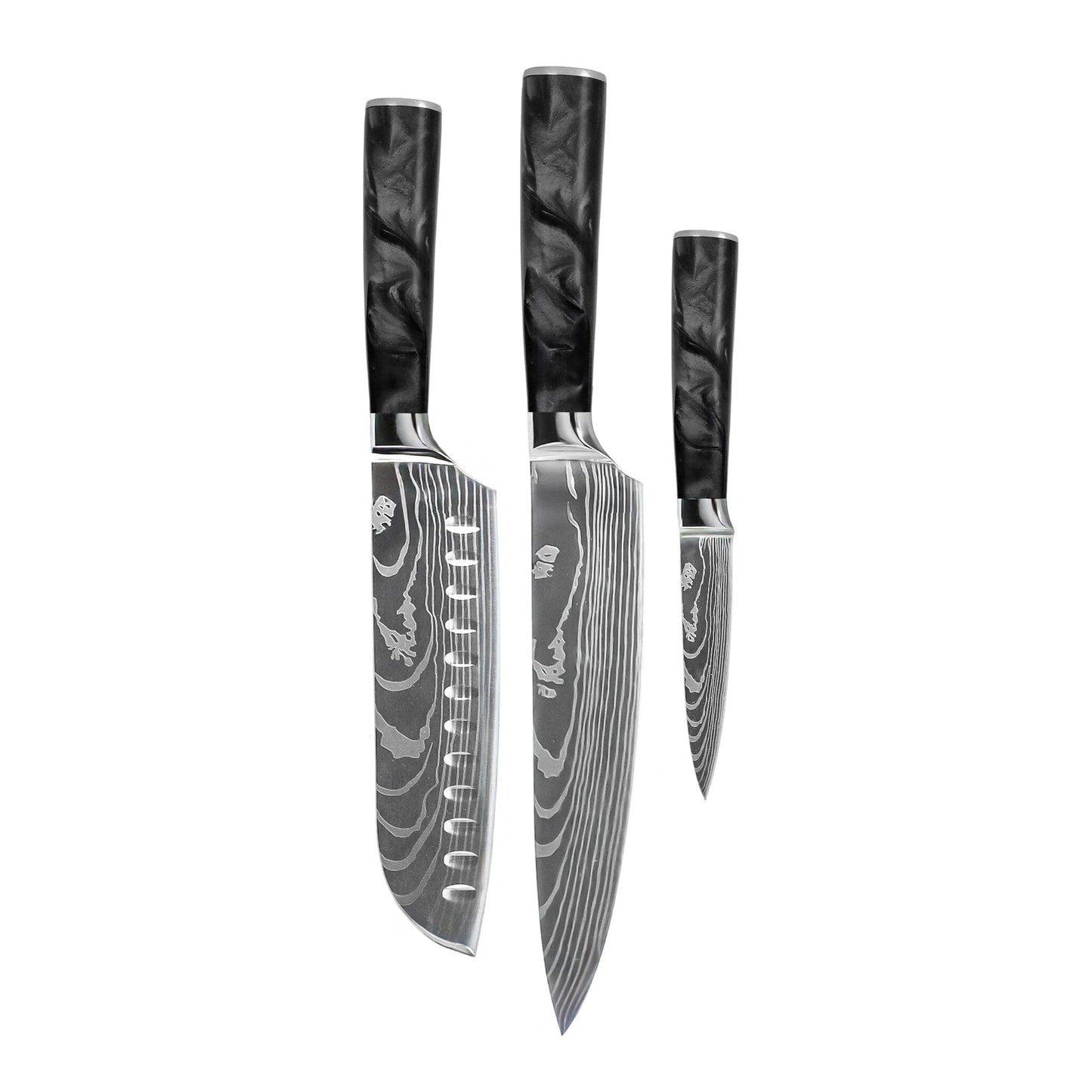 Shinrai Knives - Damascus Print Epoxy Onyx 3-delige Messenset - Koksmes + Santoku + Schilmes Messenset Shinrai Knives