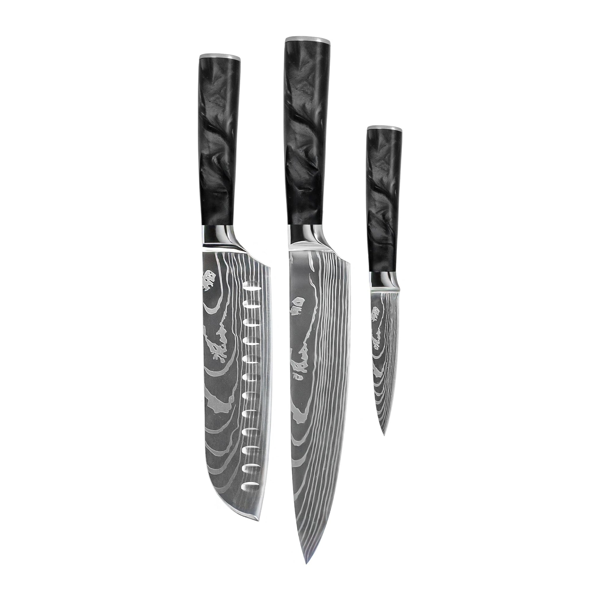 Shinrai Knives - Damascus Print Epoxy Onyx 3-delige Messenset - Koksmes + Santoku + Schilmes Messenset Shinrai Knives