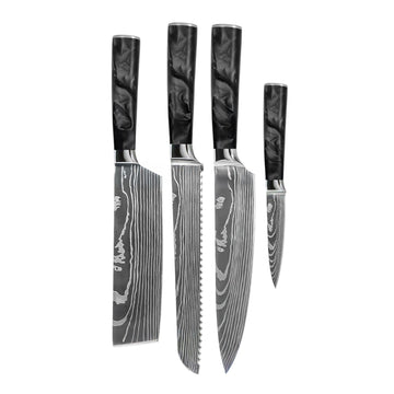 Shinrai Knives - Damascus Print Epoxy Onyx 4-delige Messenset - Koksmes + Broodmes + Nakiri + Schilmes Messenset Shinrai Knives