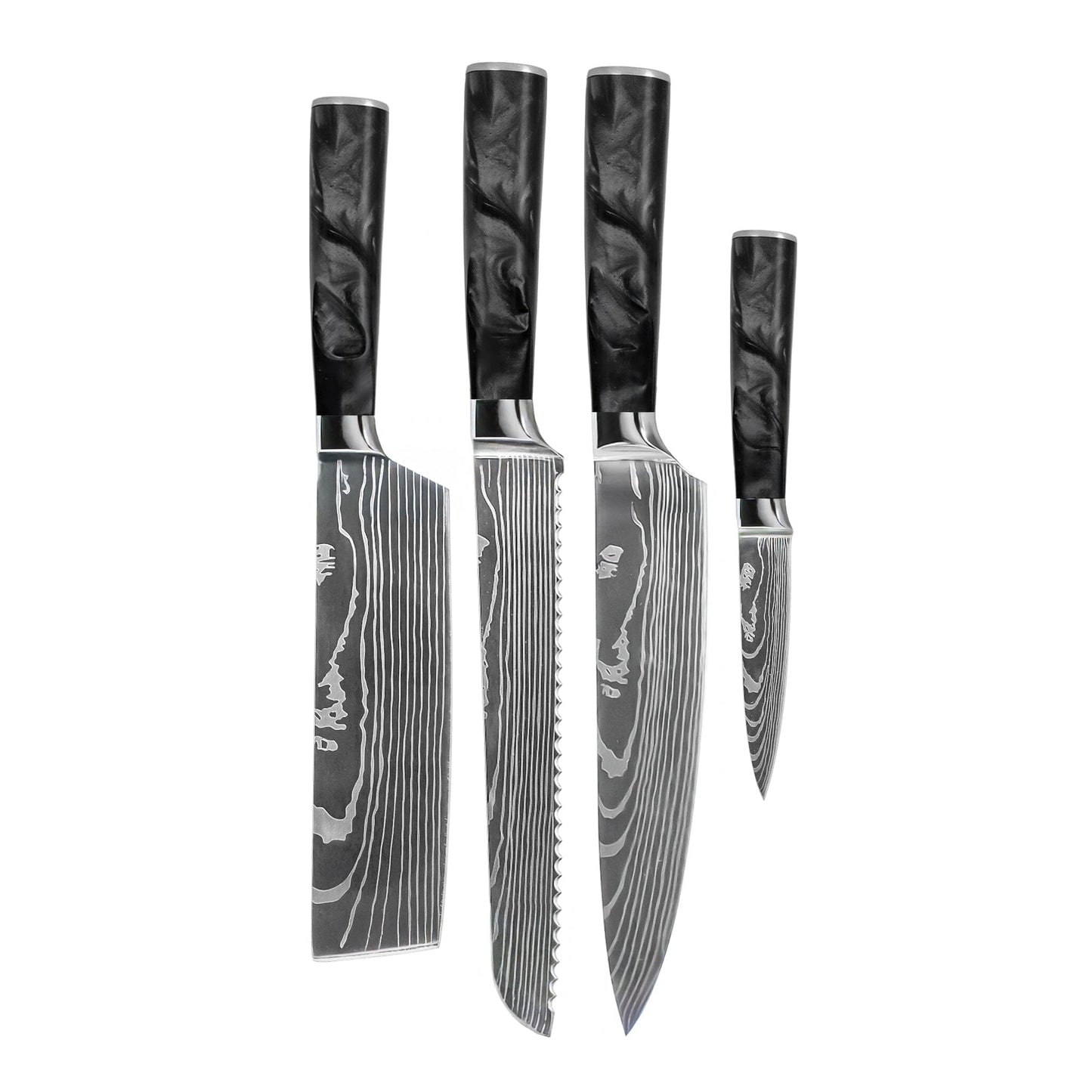 Shinrai Knives - Damascus Print Epoxy Onyx 4-delige Messenset - Koksmes + Broodmes + Nakiri + Schilmes Messenset Shinrai Knives