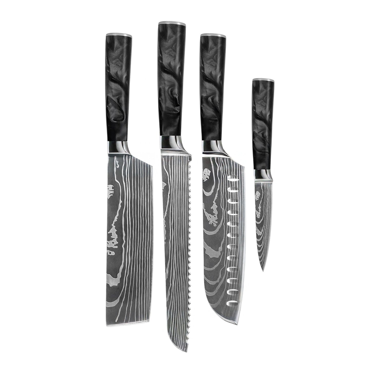 Shinrai Knives - Damascus Print Epoxy Onyx 4-delige Messenset - Santoku + Broodmes + Nakiri + Schilmes Messenset Shinrai Knives