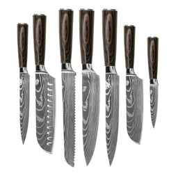 Shinrai Knives - Damascus Print Mega Bundel - All you need Messenset met blok, snijplank en slijpsteen Shinrai Knives