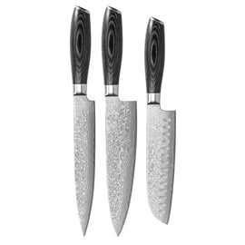 Shinrai Japan - Ensemble de couteaux 3 pièces en bois Damask Pakka Shinrai Knives - Damast Pakka Wood 3-Delige Messenset Messenset Shinrai Knives