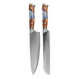 Shinrai Knives - Ensemble de 2 couteaux Damas Eclipse - Couteau de chef + Couteau à pain Shinrai Knives - Eclipse 2-delige Damascus Messenset - Koksmes + Broodmes Messenset Shinrai Knives