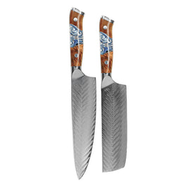 Shinrai Knives - Ensemble de 2 couteaux Damas Eclipse - Couteau de chef + Nakiri Shinrai Knives - Eclipse 2-delige Damascus Messenset - Koksmes + Nakiri Messenset Shinrai Knives