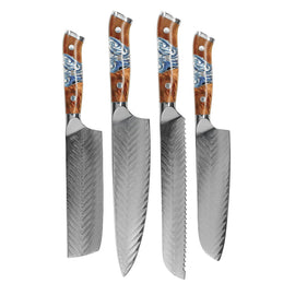 Shinrai Knives - Ensemble de 4 couteaux Damas Eclipse - Couteau de chef + Nakiri + Santoku + Couteau à pain Shinrai Knives - Eclipse 4-delige Damascus Messenset - Koksmes + Nakiri + Santoku + Broodmes Messenset Shinrai Knives