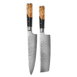Shinrai Knives - Ensemble de 2 couteaux Damas en époxy onyx - Couteau de chef + Nakiri Shinrai Knives - Epoxy Onyx 2-delige Damascus Messenset - Koksmes + Nakiri Messenset Shinrai Knives