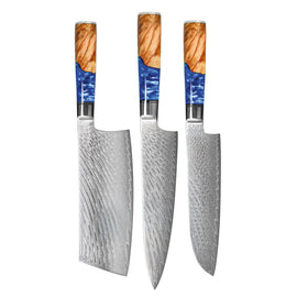 Couteaux Shinrai - Ensemble de 3 couteaux Damas en époxy saphir - Couteau de chef + Nakiri + Santoku Shinrai Knives - Epoxy Sapphire 3-delige Damascus Messenset - Koksmes + Nakiri + Santoku Messenset Shinrai Knives