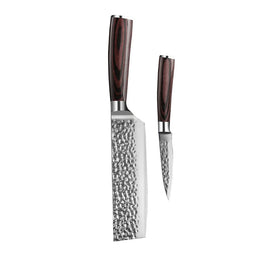 Couteaux Shinrai - Ensemble de 2 couteaux en acier inoxydable martelé - Nakiri + couteau d'office Shinrai Knives - Hammered RVS 2-delige Messenset - Nakiri + Schilmes Messenset Shinrai Knives