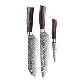 Couteaux Shinrai - Ensemble de 3 couteaux en acier inoxydable martelé - Couteau de chef + Santoku + Couteau d'office Shinrai Knives - Hammered RVS 3-delige Messenset - Koksmes + Santoku + Schilmes Messenset Shinrai Knives