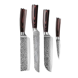 Couteaux Shinrai - Ensemble de 4 couteaux en acier inoxydable martelé - Santoku + Couteau à pain + Nakiri + Couteau d'office Shinrai Knives - Hammered RVS 4-delige Messenset - Santoku + Broodmes + Nakiri + Schilmes Messenset Shinrai Knives