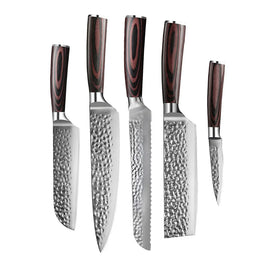 Couteaux Shinrai - Ensemble de 5 couteaux en acier inoxydable martelé - Couteau de chef + Couteau à pain + Nakiri + Petit Santoku + Couteau d'office Shinrai Knives - Hammered RVS 5-delige Messenset - Koksmes + Broodmes + Nakiri + Kleine Santoku + Schilmes Messenset Shinrai Knives