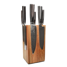 Couteaux Shinrai - Ensemble de 6 couteaux en acier inoxydable martelé + bloc à couteaux rotatif Shinrai Knives - Hammered RVS 6-delige Messenset + Messenblok Rotate Messenset met blok Shinrai Knives
