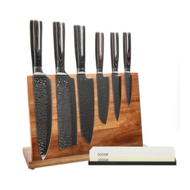 Couteaux Shinrai - Ensemble de 6 couteaux en acier inoxydable martelé + bloc à couteaux + pierre à aiguiser Shinrai Knives - Hammered RVS 6-delige Messenset + Messenblok + Slijpsteen Messenset met blok en slijpsteen Shinrai Knives