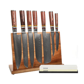 Shinrai Knives - Coffret de 7 couteaux Micarta Jewels + bloc à couteaux + pierre à aiguiser Shinrai Knives - Micarta Jewels 7-delige Messenset + Messenblok + Slijpsteen Messenset met blok, snijplank en slijpsteen Shinrai Knives