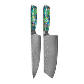 Couteaux Shinrai - Ensemble de 2 couteaux Damas en nacre - Couteau de chef + Nakiri Shinrai Knives - Parelmoer Jewels 2-delige Damascus Messenset - Koksmes + Nakiri Messenset Shinrai Knives
