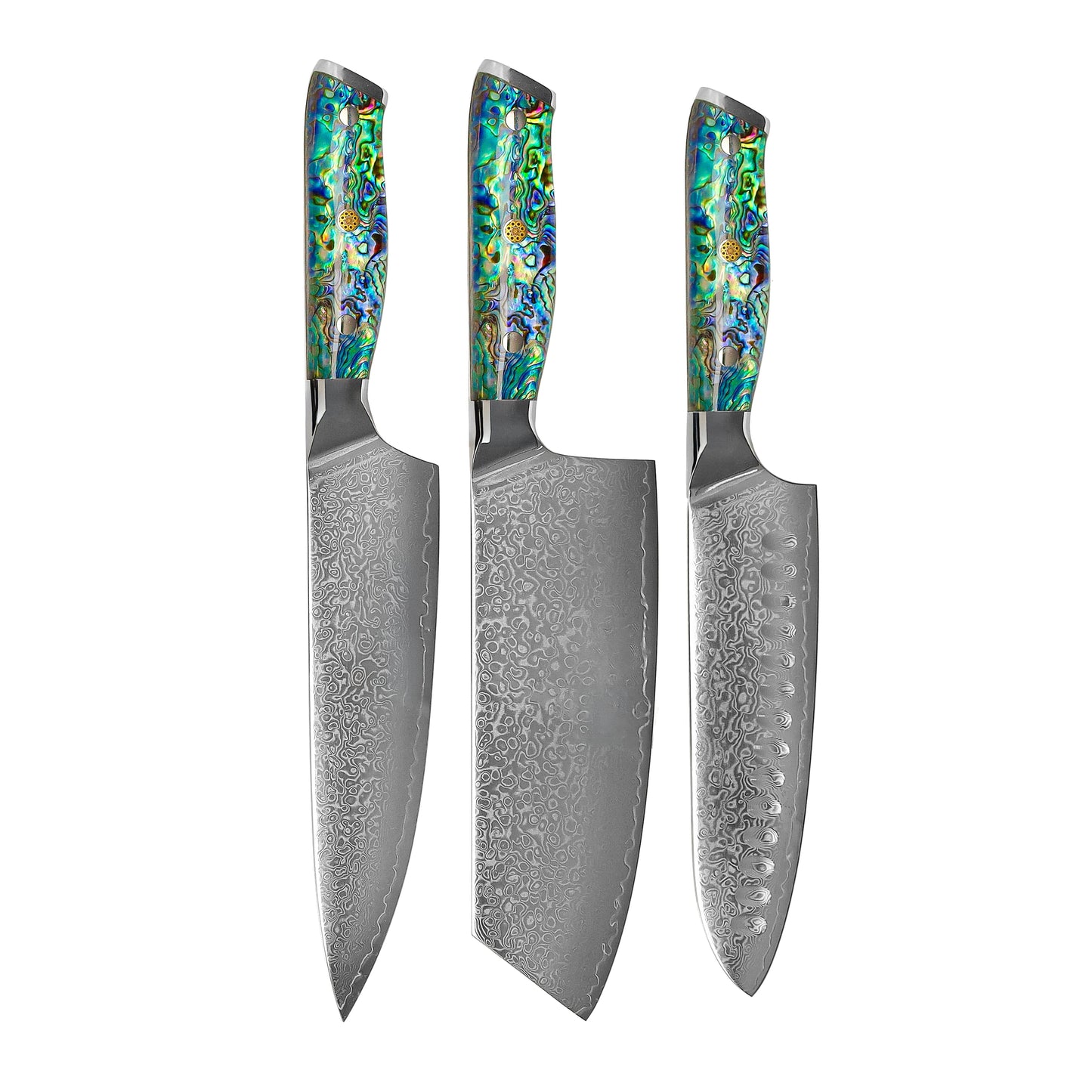 Shinrai Knives - Parelmoer Jewels 3-delige Damascus Messenset - Koksmes + Nakiri + Santoku Messenset Shinrai Knives