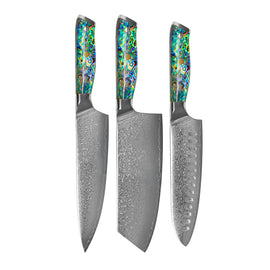 Shinrai Knives - Ensemble de 3 couteaux Damas en nacre - Couteau de chef + Nakiri + Santoku Shinrai Knives - Parelmoer Jewels 3-delige Damascus Messenset - Koksmes + Nakiri + Santoku Messenset Shinrai Knives