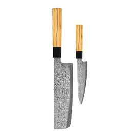 Couteaux Shinrai - Ensemble de couteaux Damas 2 pièces Takumi Kaza - Nakiri + Couteau d'office Shinrai Knives - Takumi Kaza 2-delige Damascus Messenset - Nakiri + Schilmes Messenset Shinrai Knives