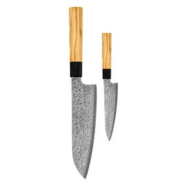 Couteaux Shinrai - Ensemble de couteaux Damas 2 pièces Takumi Kaza - Santoku + Couteau d'office Shinrai Knives - Takumi Kaza 2-delige Damascus Messenset - Santoku + Schilmes Messenset Shinrai Knives