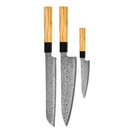 Shinrai Knives - Ensemble de 3 couteaux Damas Takumi Kaza - Couteau de chef + Couteau à pain + Couteau d'office Shinrai Knives - Takumi Kaza 3-delige Damascus Messenset - Koksmes + Broodmes + Schilmes Messenset Shinrai Knives