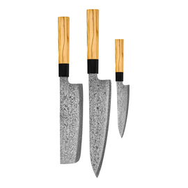 Couteaux Shinrai - Ensemble de couteaux Damas 3 pièces Takumi Kaza - Couteau de chef + Nakiri + Couteau d'office Shinrai Knives - Takumi Kaza 3-delige Damascus Messenset - Koksmes + Nakiri + Schilmes Messenset Shinrai Knives