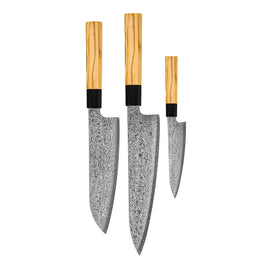 Couteaux Shinrai - Ensemble de couteaux Damas 3 pièces Takumi Kaza - Couteau de chef + Santoku + Couteau d'office Shinrai Knives - Takumi Kaza 3-delige Damascus Messenset - Koksmes + Santoku + Schilmes Messenset Shinrai Knives