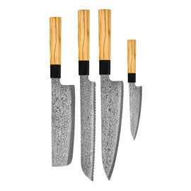 Couteaux Shinrai - Ensemble de couteaux Damas 4 pièces Takumi Kaza - Couteau de chef + Couteau à pain + Nakiri + Couteau d'office Shinrai Knives - Takumi Kaza 4-delige Damascus Messenset - Koksmes + Broodmes + Nakiri + Schilmes Messenset Shinrai Knives