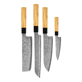 Couteaux Shinrai - Ensemble de couteaux Damas 4 pièces Takumi Kaza - Santoku + Couteau à pain + Nakiri + Couteau d'office Shinrai Knives - Takumi Kaza 4-delige Damascus Messenset - Santoku + Broodmes + Nakiri + Schilmes Messenset Shinrai Knives