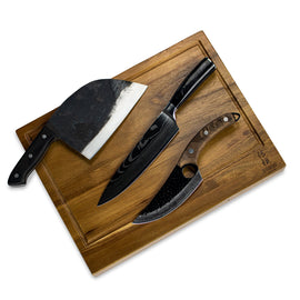 Shinrai Japon - 3 couteaux Forgés Marron + Planche à découper Bezig met laden...