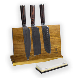 Shinrai Japan - Ensemble de couteaux 3 pièces imprimé damassé + pierre à aiguiser + bloc à couteaux magnétique Bezig met laden...