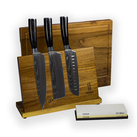 Shinrai Japan - Ensemble de couteaux 3 pièces en époxy onyx damas + pierre à aiguiser + bloc de couteaux magnétique + planche à découper Bezig met laden...