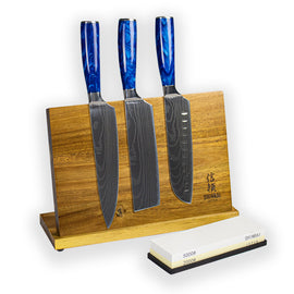 Shinrai Japan - Ensemble de couteaux 3 pièces en époxy saphir damas + pierre à aiguiser + bloc de couteaux magnétique Bezig met laden...