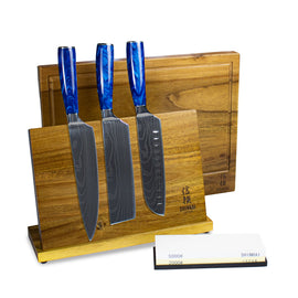 Shinrai Japan - Ensemble de couteaux 3 pièces Epoxy Sapphire + pierre à aiguiser + support magnétique + planche à découper Bezig met laden...