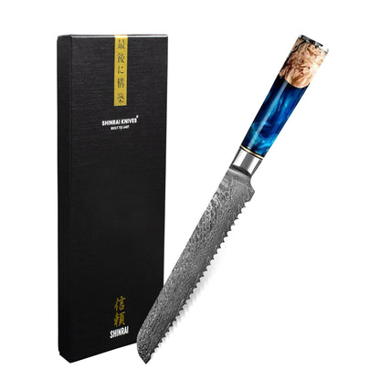 Shinrai Knives - Couteau à Pain Epoxy Saphir Damas 20 cm