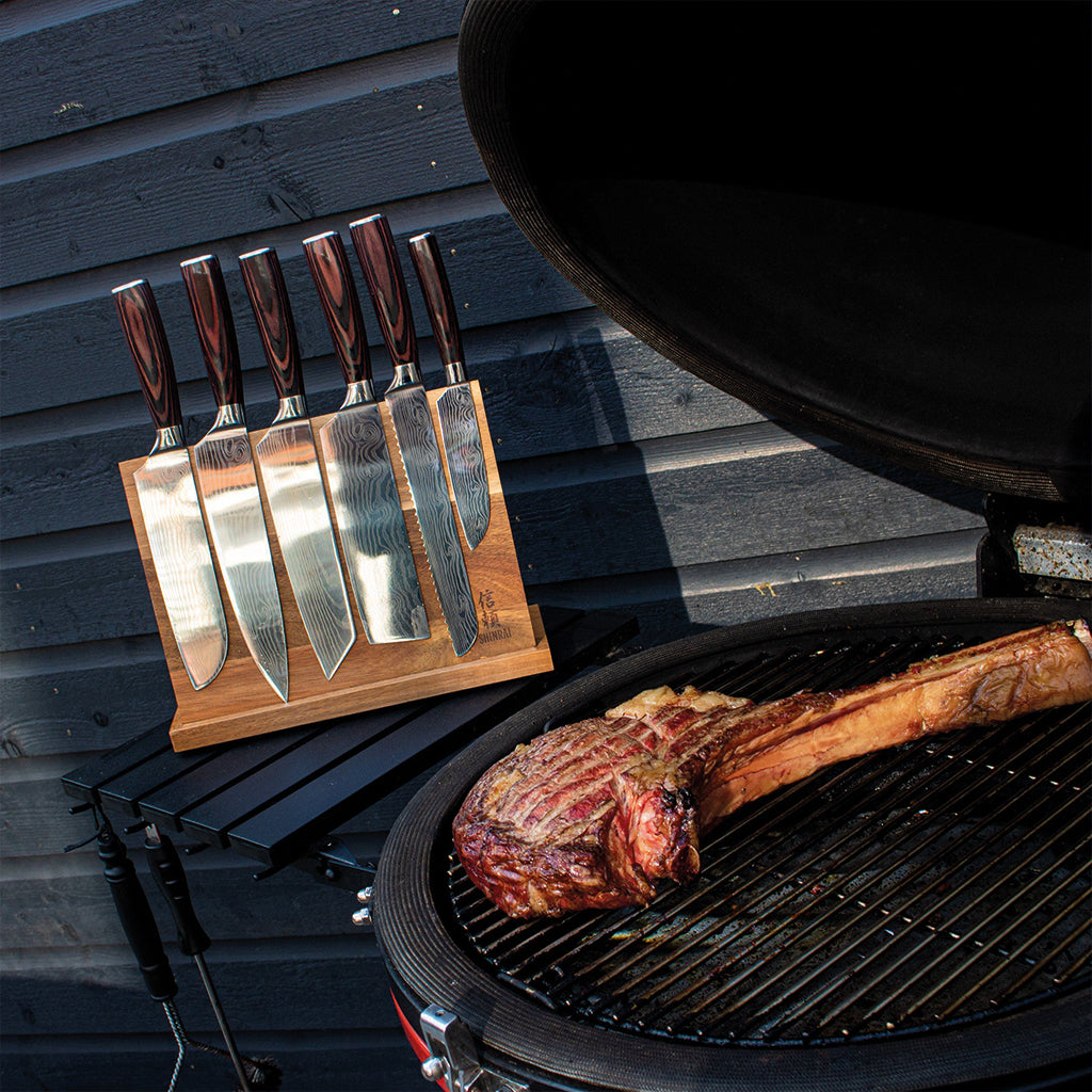 Shinrai Knives - Damascus Print set de couteaux 6 pièces + Ciseaux de jeu gratuits