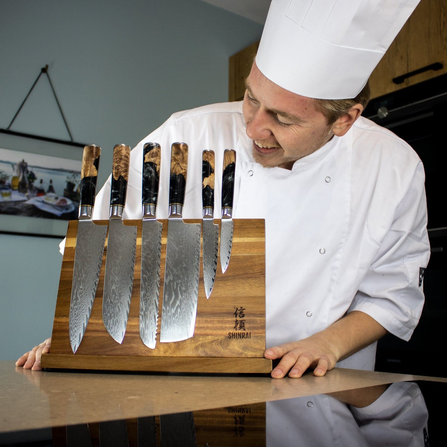 Shinrai Japan - Ensemble de couteaux Damas 6 pièces Epoxy Onyx + bloc de couteaux magnétique