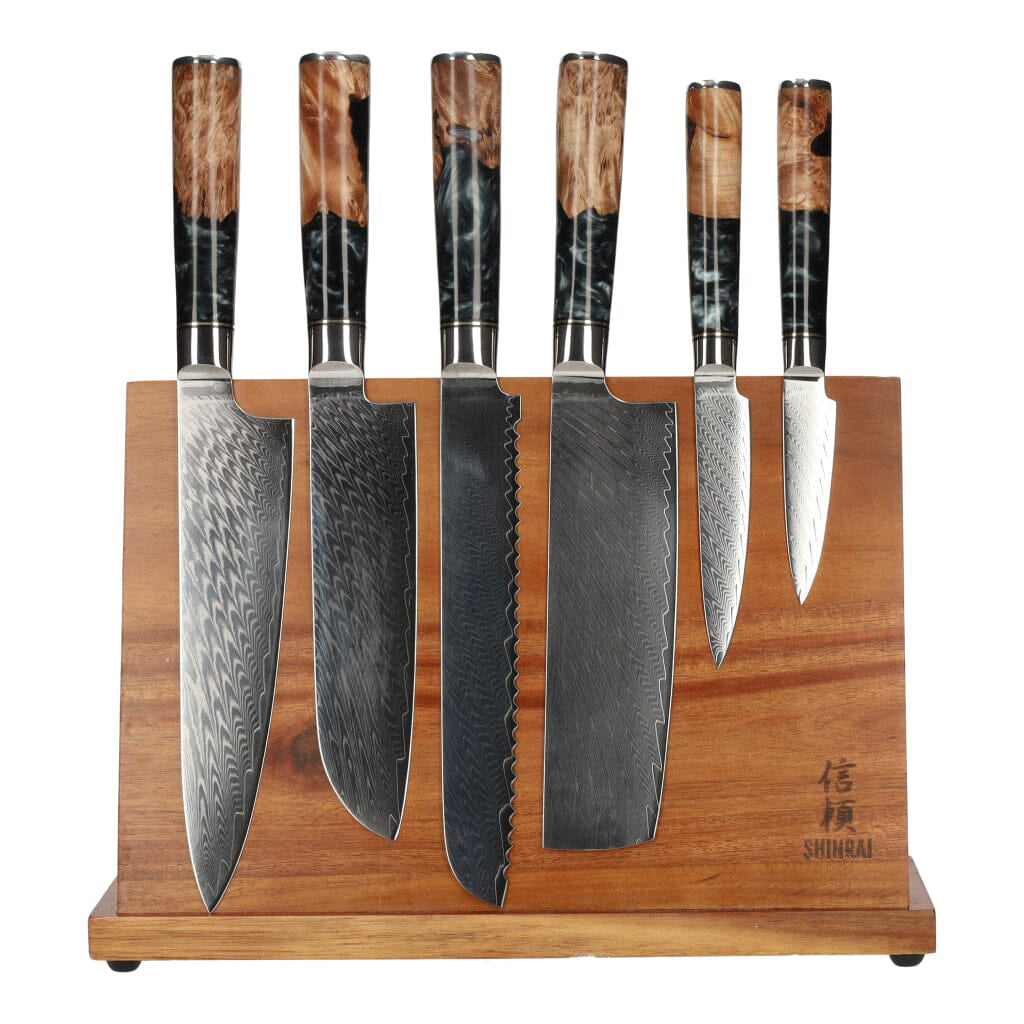 Shinrai Japan - Ensemble de couteaux Damas 6 pièces Epoxy Onyx + bloc de couteaux magnétique