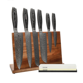 Couteaux Shinrai - Ensemble de 6 couteaux en bois de pakka damassé + bloc à couteaux + pierre à aiguiser